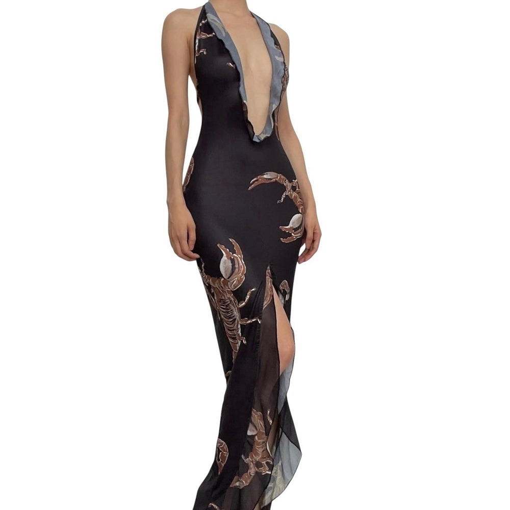 Murci Scorpion Print Sheer Mesh Halter Maxi Dress Black Plunging Neckline Size 4